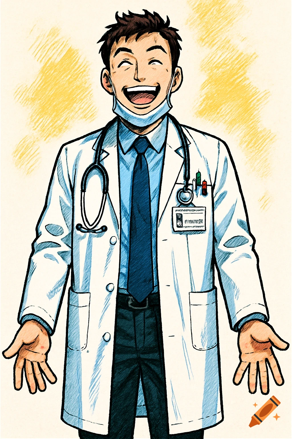 A smiling male doctor in manga style, wearing a lab coat and stethoscope, with a surgical mask hanging around his neck.