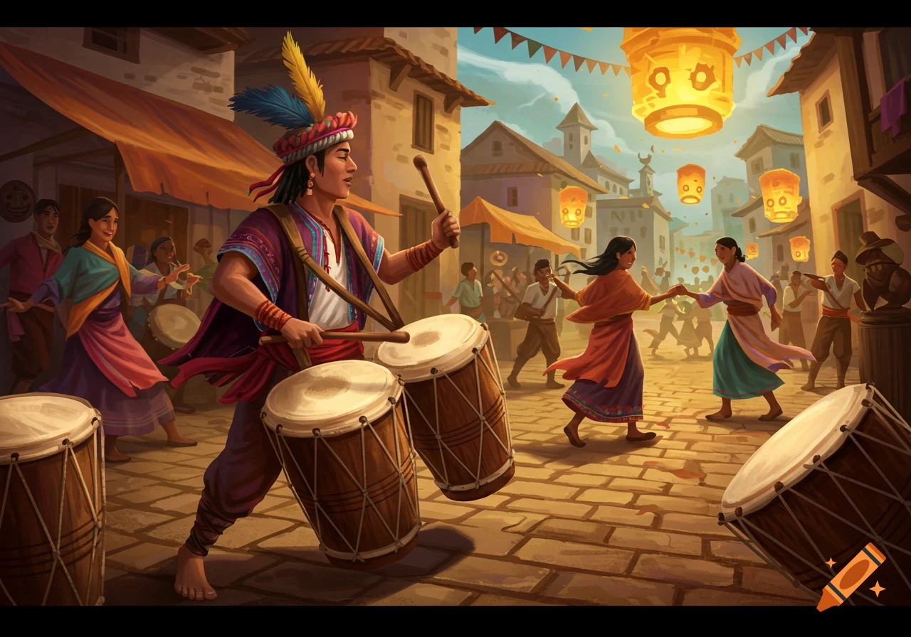 A vibrant illustration of people in traditional attire celebrating in a village square, with a drummer in the foreground and dancers under glowing lanterns.
