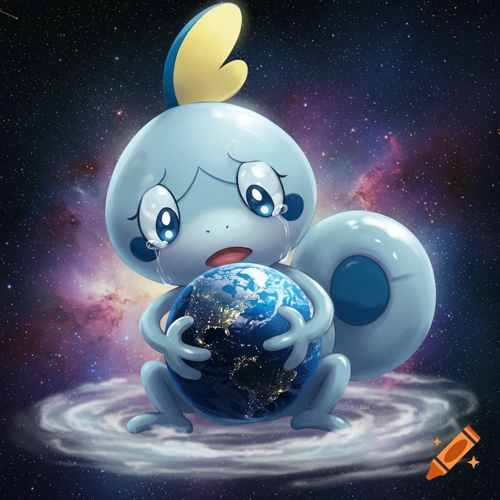 A sad, blue Sobble Pokémon with tears in its eyes gently holds planet Earth against a starry, nebulae-filled space background.