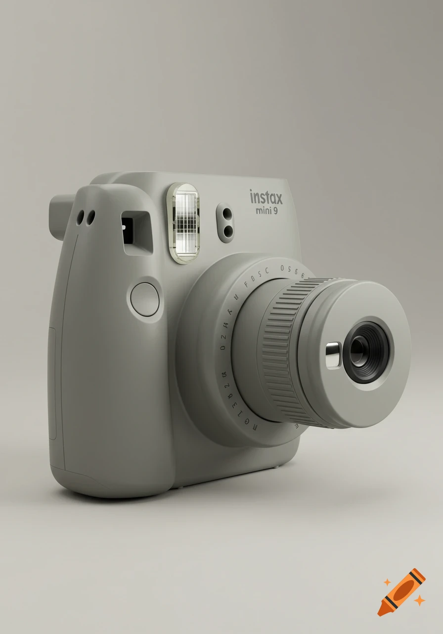 A grey Instax Mini 9 instant camera rendered in 3D, viewed from the side with its lens extended, on a neutral background.
