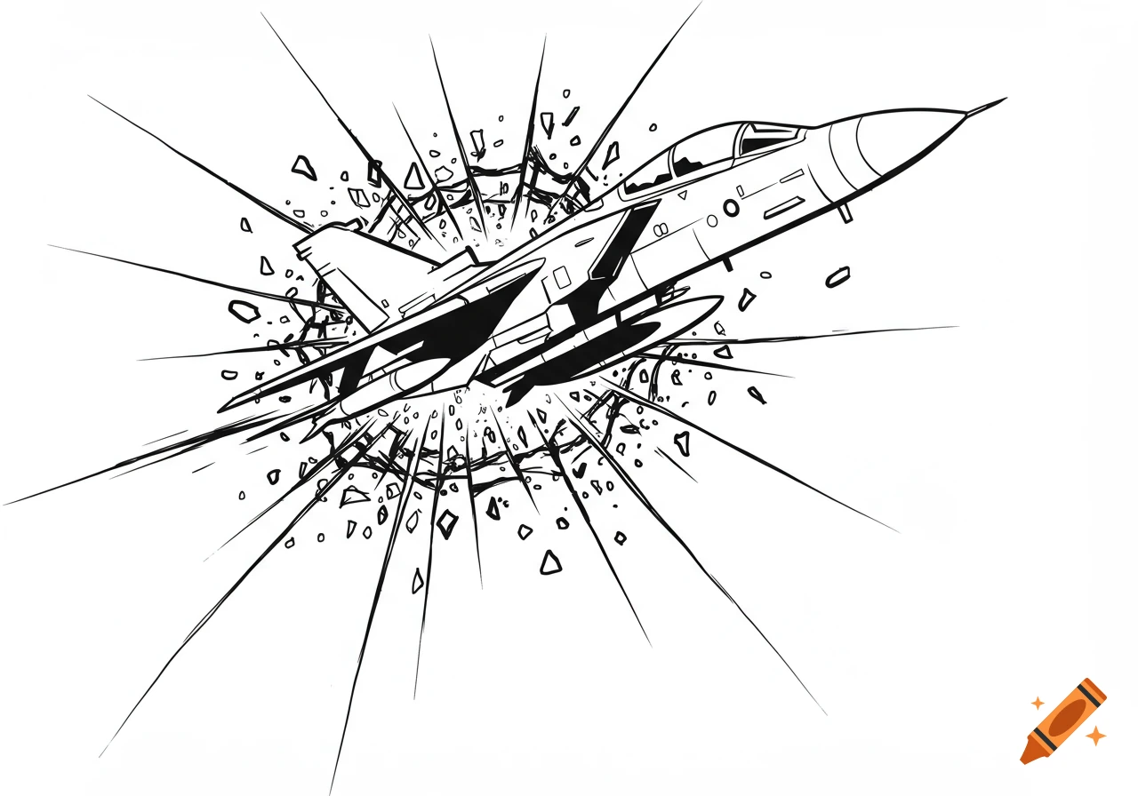 A black and white, simplistic clip art illustration of a fighter jet bursting through a shattered window.