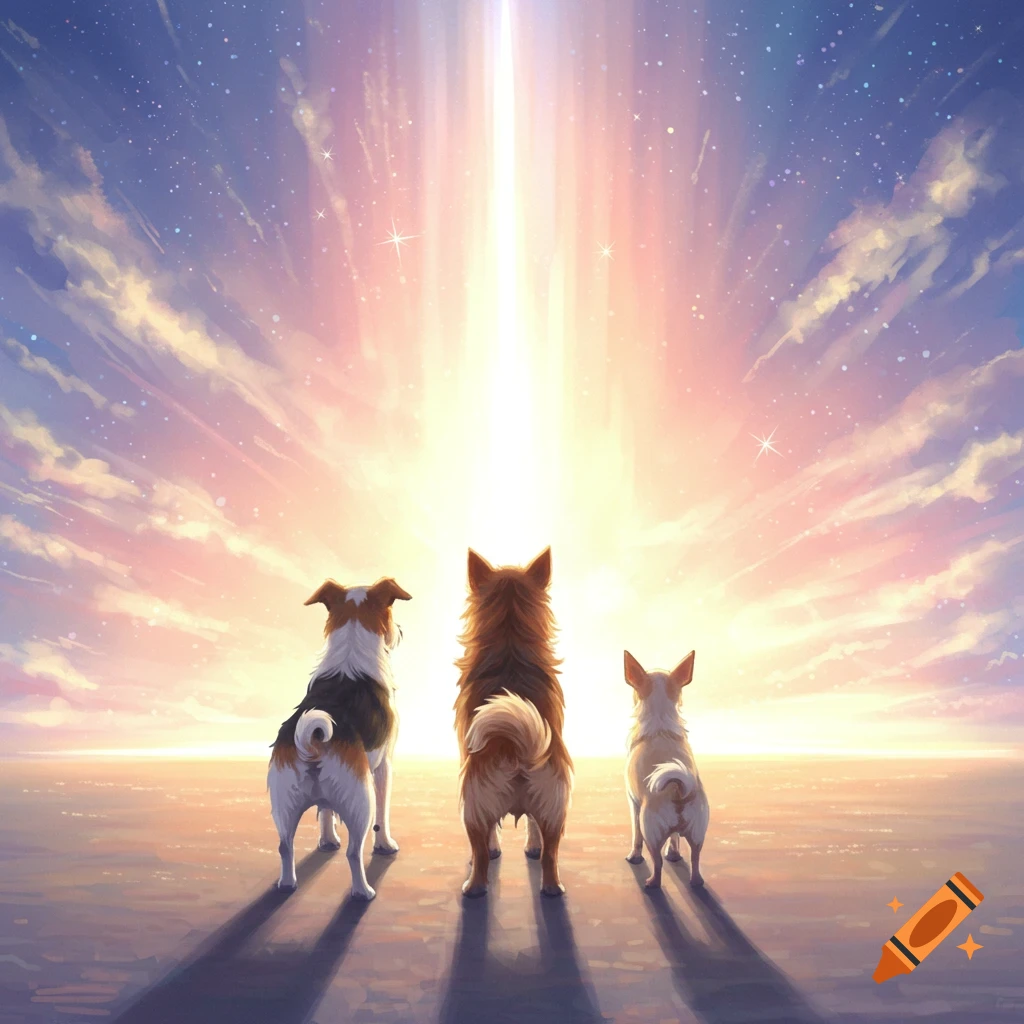Three dogs stand on a vast plain, looking up at a brilliant light beam shining from a starry, cloudy sky in an anime style.