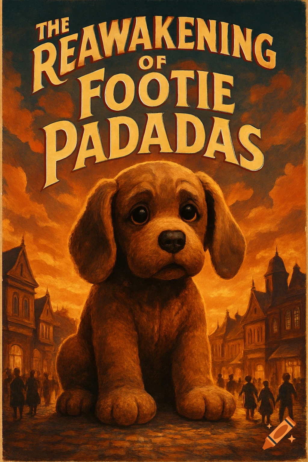 Illustrated movie poster titled 'The Reawakening of Footie Padadas,' featuring a massive, sad brown plush dog in a town square under an orange sky.