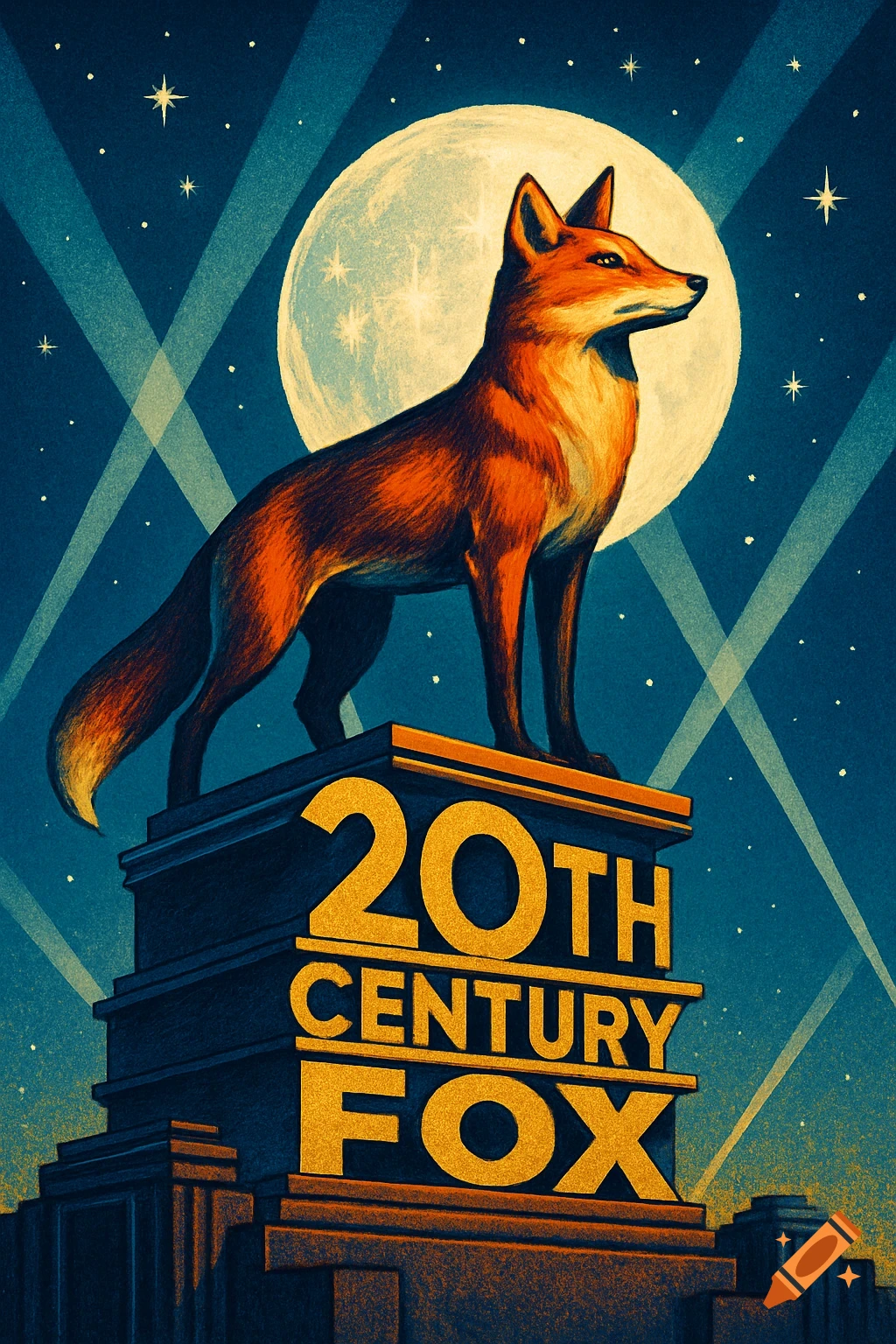Illustrative image of a fox standing on a monument with "20th Century Fox" text, against a moonlit, starry sky with searchlights.