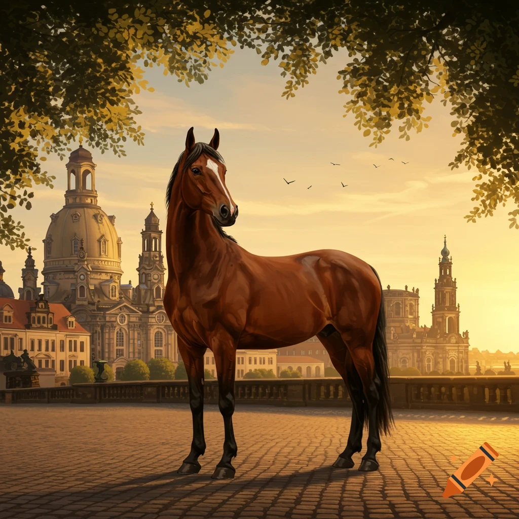 A brown horse with a white blaze stands on a paved plaza in front of historic European buildings at sunset, framed by trees.
