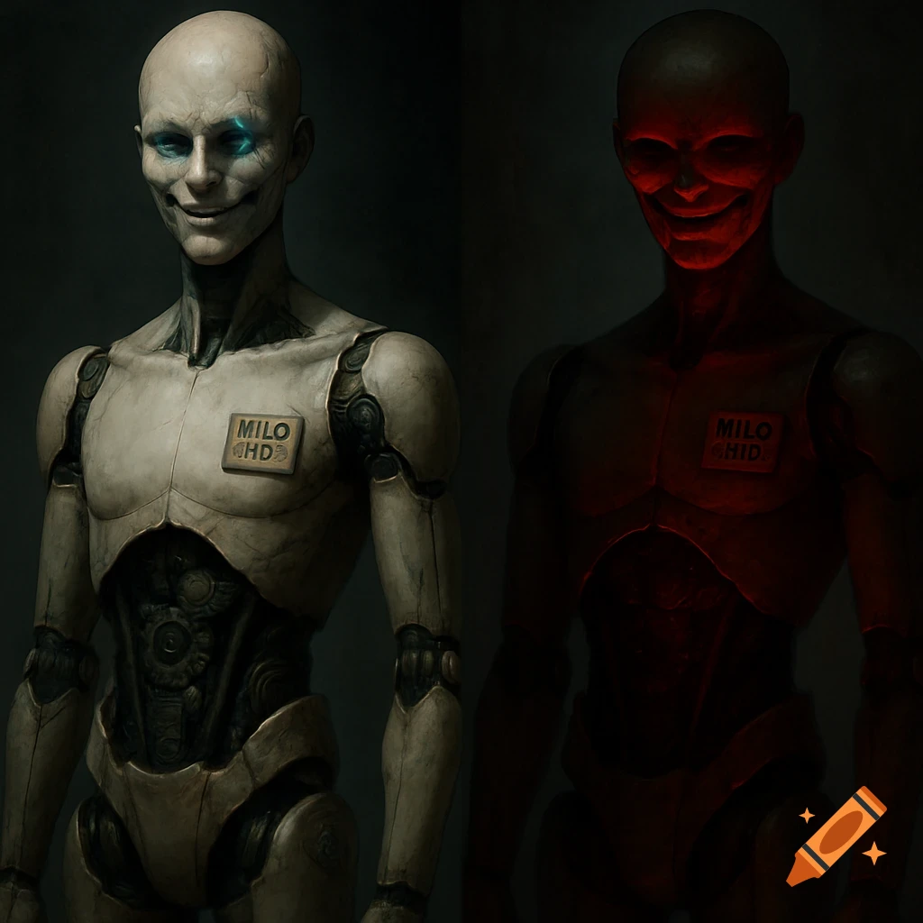 Two humanoid robots with fixed smiles, one pale with blue glowing eyes and internals, the other dark with red glowing eyes and internals.