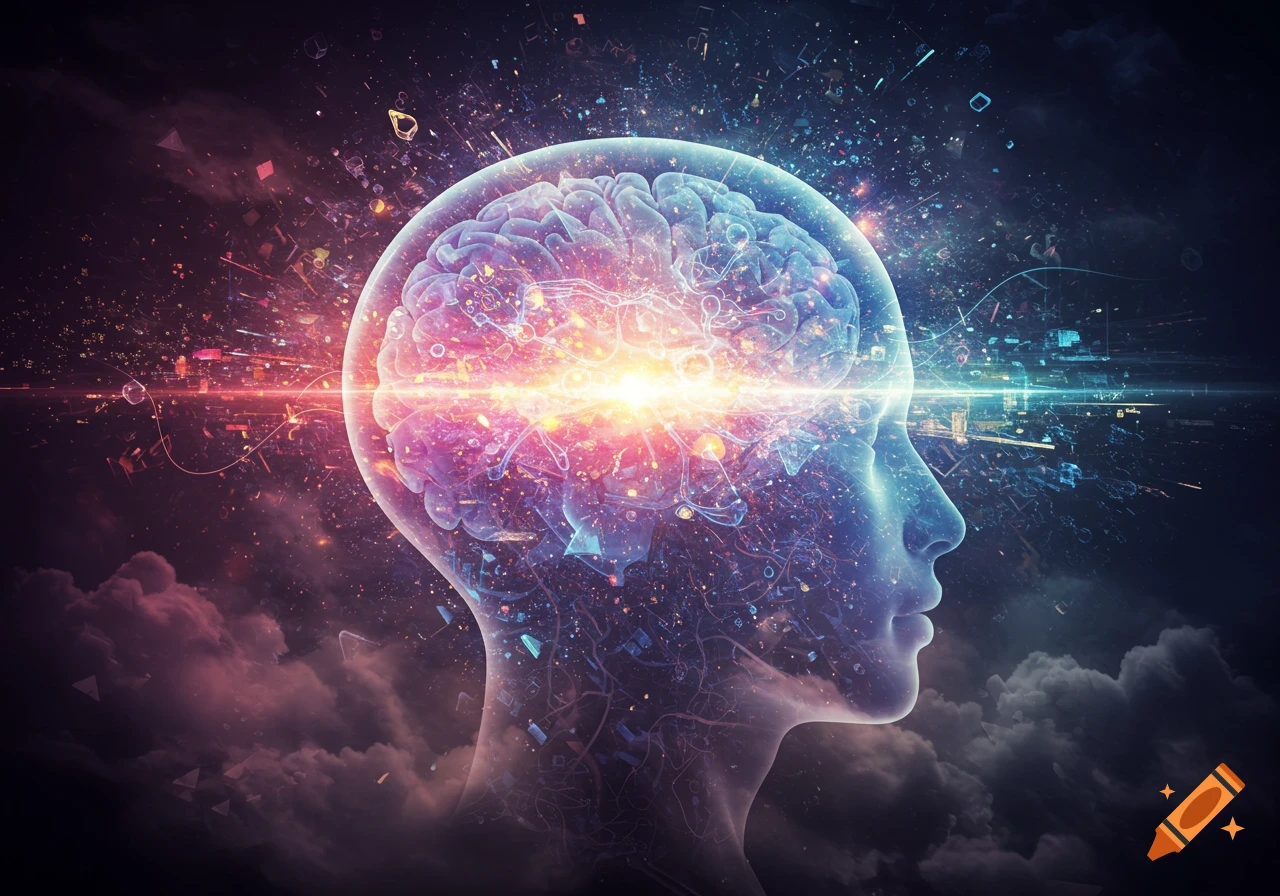 A transparent human head silhouette with a glowing, vibrant brain emitting colorful light and abstract particles into a dark, cloudy space.