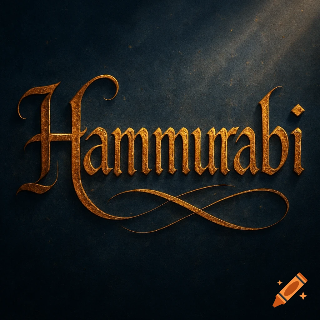 The word Hammurabi in ornate golden calligraphy on a dark blue textured background.