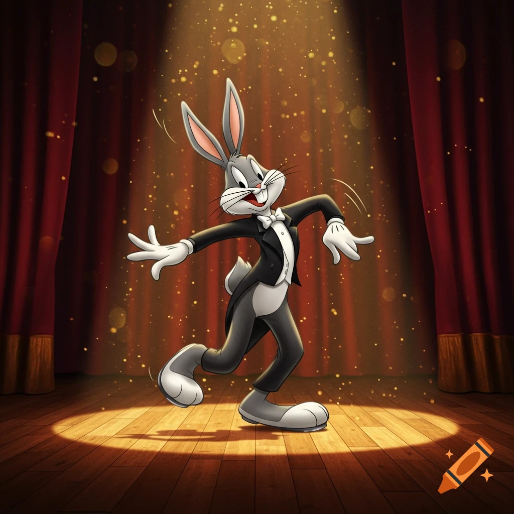 Bugs Bunny in a tuxedo tap dancing under a spotlight on a wooden stage with red curtains.