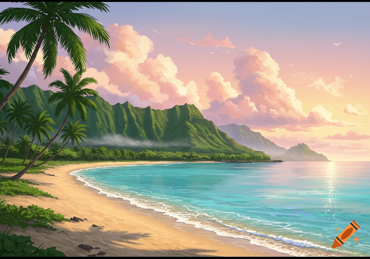 A vibrant, stylized tropical beach at sunset, with a sandy shore, turquoise ocean waves, lush green mountains, and palm trees under a colorful sky.