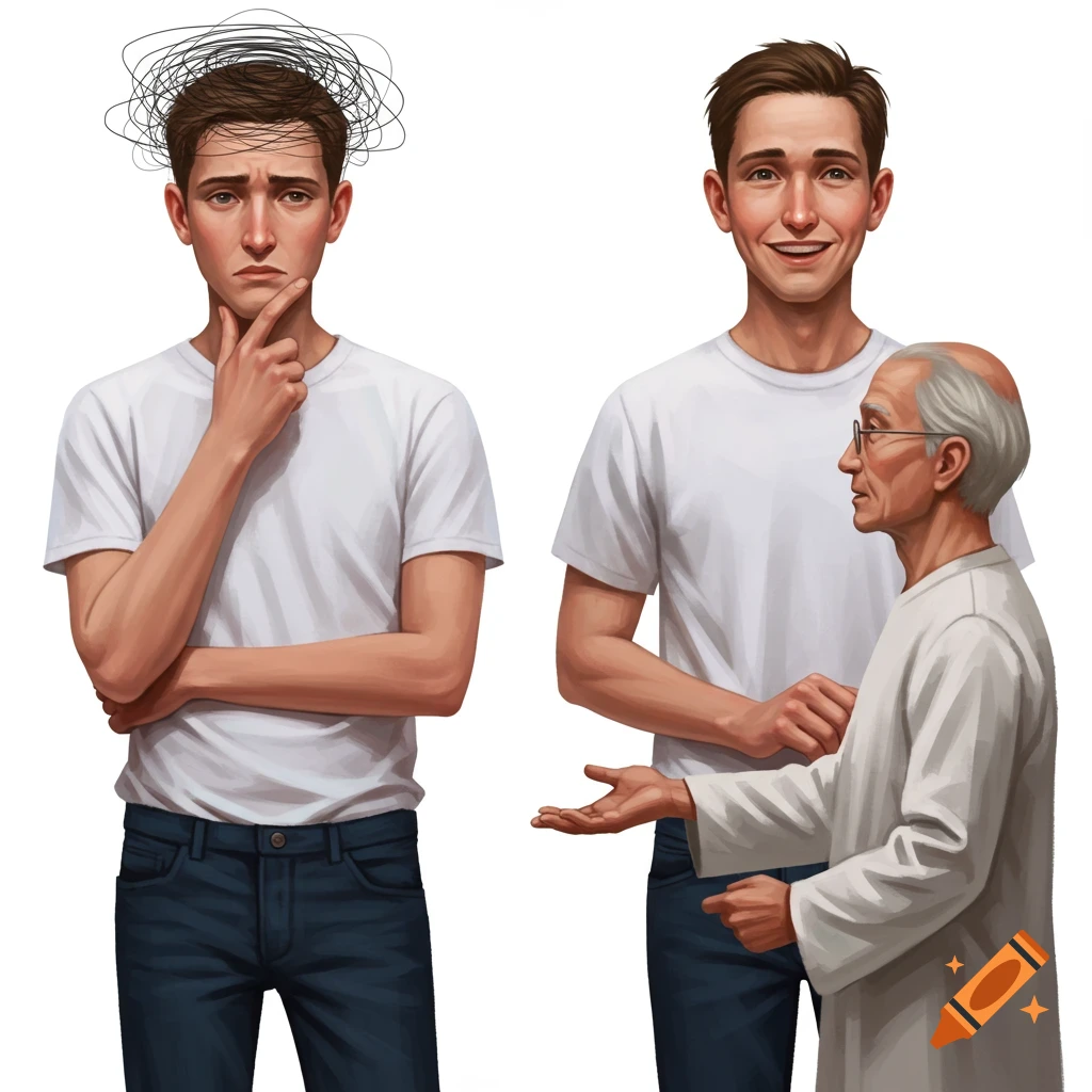 Realistic illustration of a young man, first confused with swirling lines above his head, then smiling as an older man offers advice.