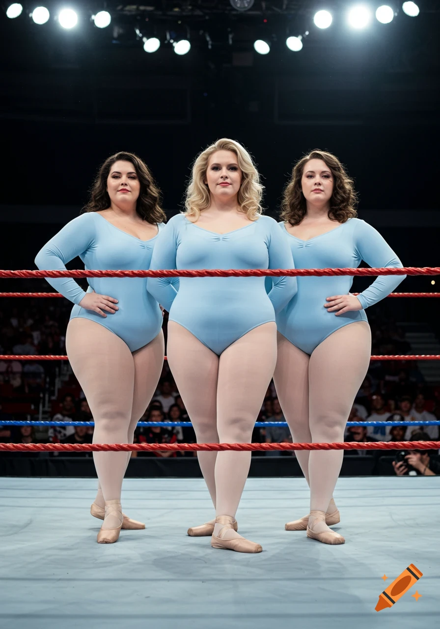 Three plus-size women in light blue long-sleeve leotards and ballet shoes stand side-by-side in a wrestling ring.