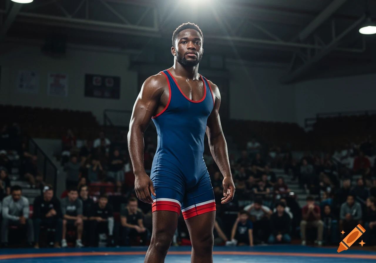 A muscular male wrestler in a blue and red singlet stands on a mat in a brightly lit arena.