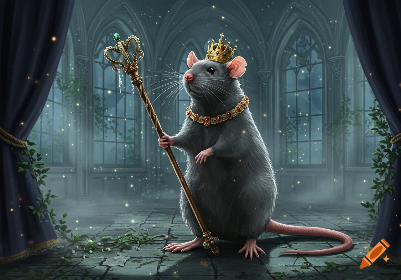 A regal rat in a golden crown and jeweled collar holds a scepter in a gothic castle interior, surrounded by sparkling magic.