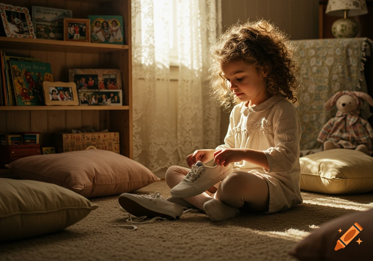 A young girl with curly hair sits on a carpet, looking at a white shoe, with another shoe beside her. Photorealistic style.