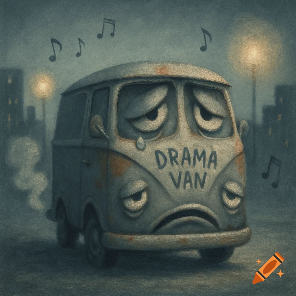 A sad, anthropomorphic gray van with 'DRAMA VAN' written on it, crying with musical notes above it on a gloomy city street.