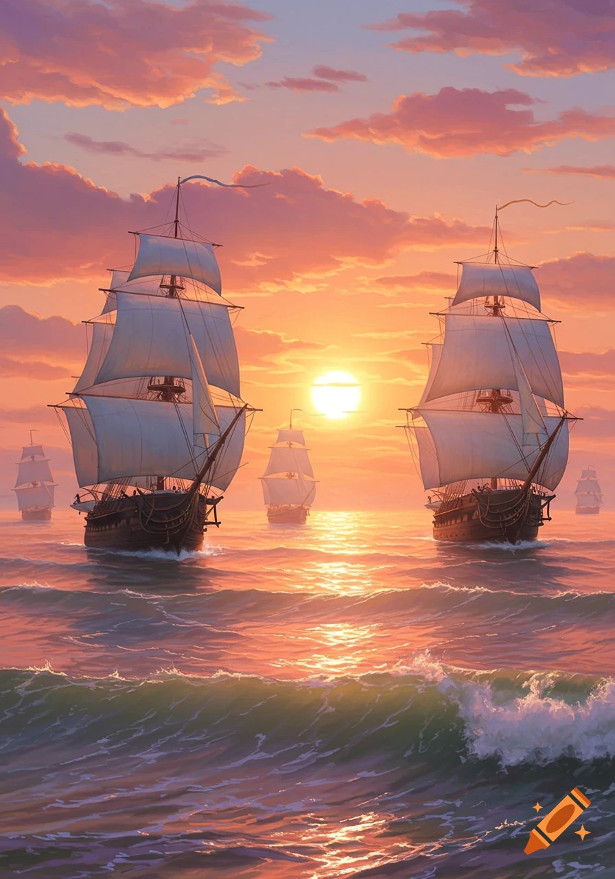 Several large sailing ships navigate a wavy ocean at sunset, with a vibrant sky and sun reflecting on the water.