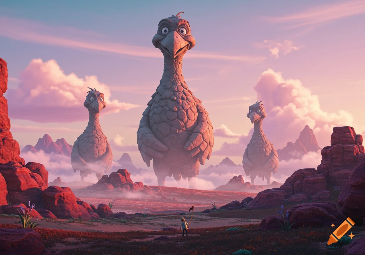 Three massive rock birds stand tall in a red desert landscape under a pink  and blue sky, with a small person looking up at them. on Craiyon, image size:1280x896