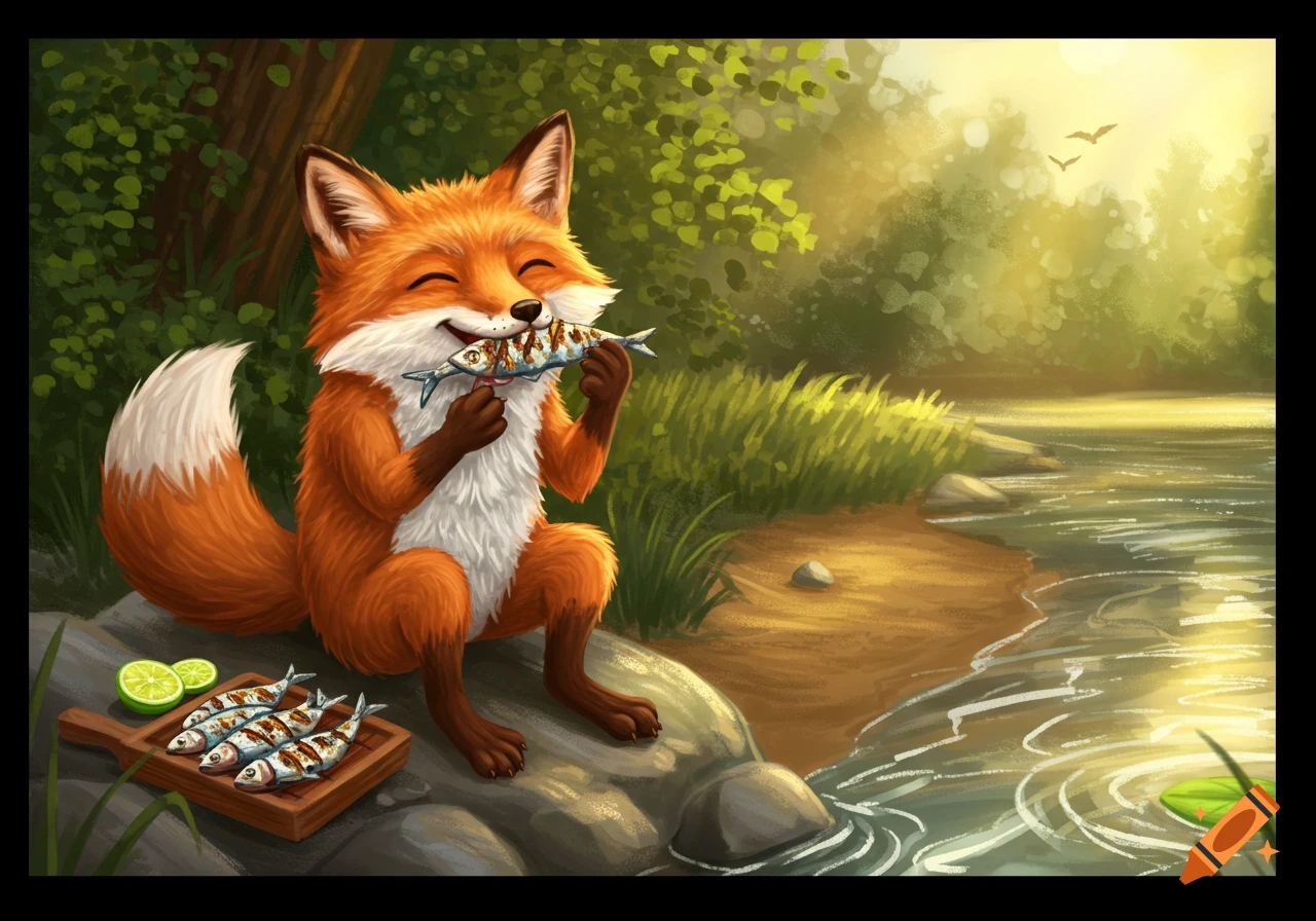 A happy cartoon fox sits by a river, eating a grilled fish, with more fish and lime on a cutting board beside it.