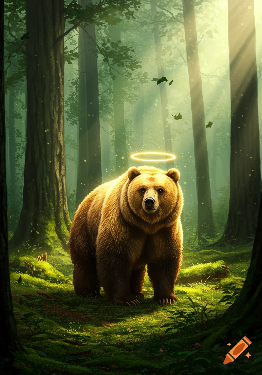 A majestic brown bear with a glowing halo stands in a mystical, sunlit forest.
