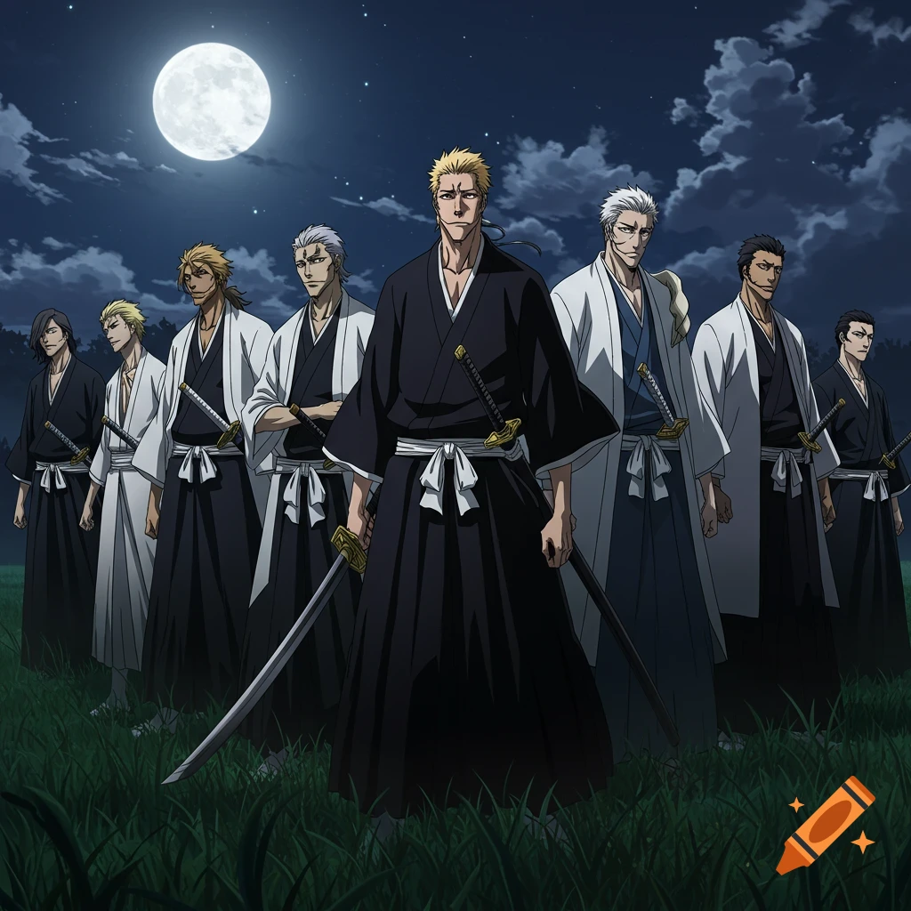 Seven anime men in black kimonos and white haoris, holding swords, stand in a grassy field under a full moon at night.
