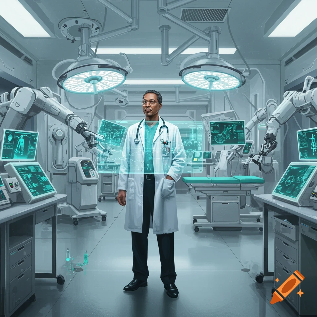 A male doctor in a white lab coat stands in a futuristic operating room with robotic arms, holographic screens, and surgical lights.