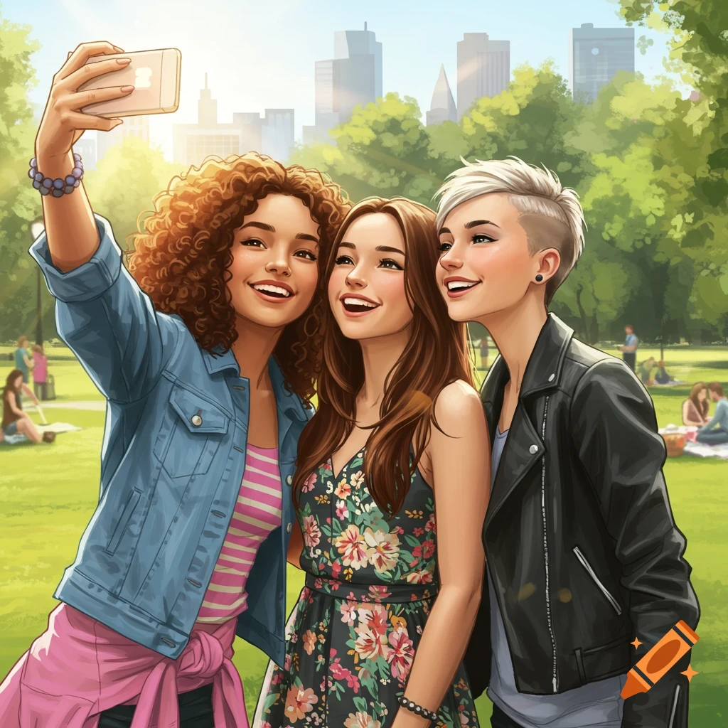 Three smiling women take a selfie in a park with a city skyline, digital art.