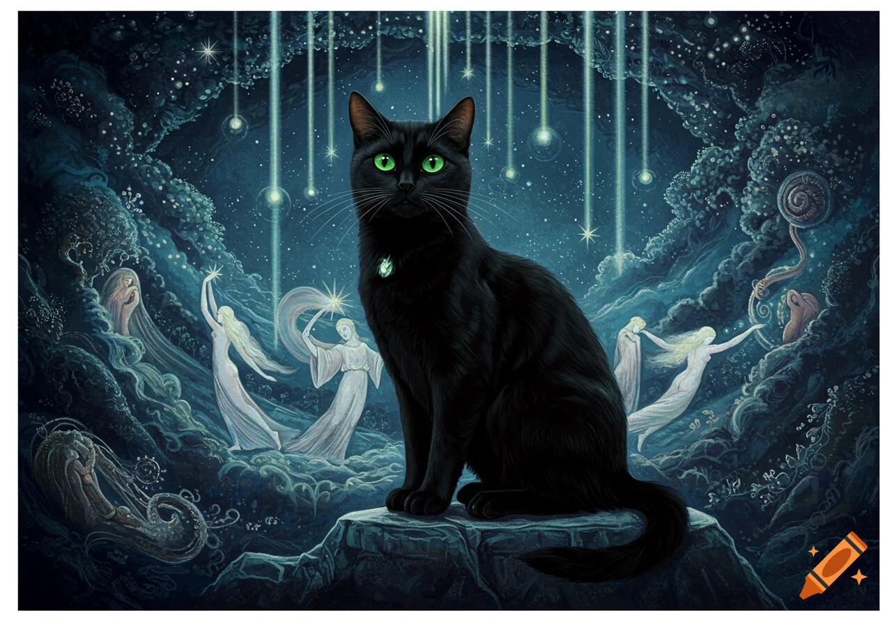 A majestic black cat with glowing green eyes and a green gem sits in a mystical cave with ethereal figures and starry lights, in a fantasy illustration.