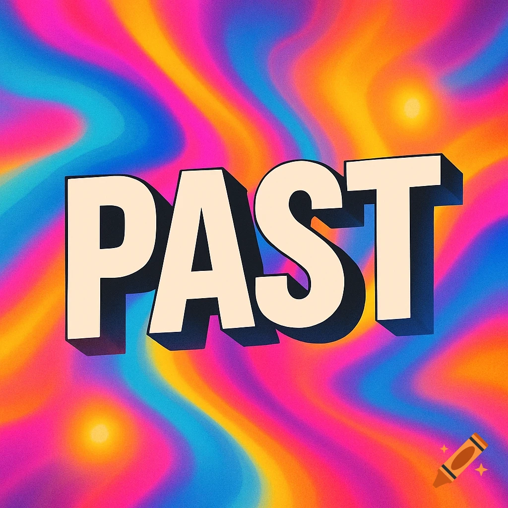 The word 'PAST' in cream-colored 3D letters on a vibrant, swirling psychedelic background with a grainy texture.