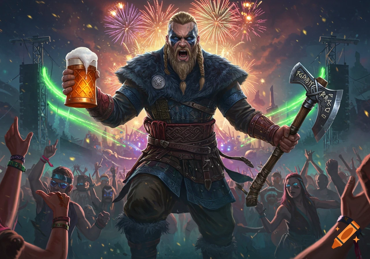 A roaring Viking warrior with war paint holds a beer and an axe at a vibrant music festival with fireworks.