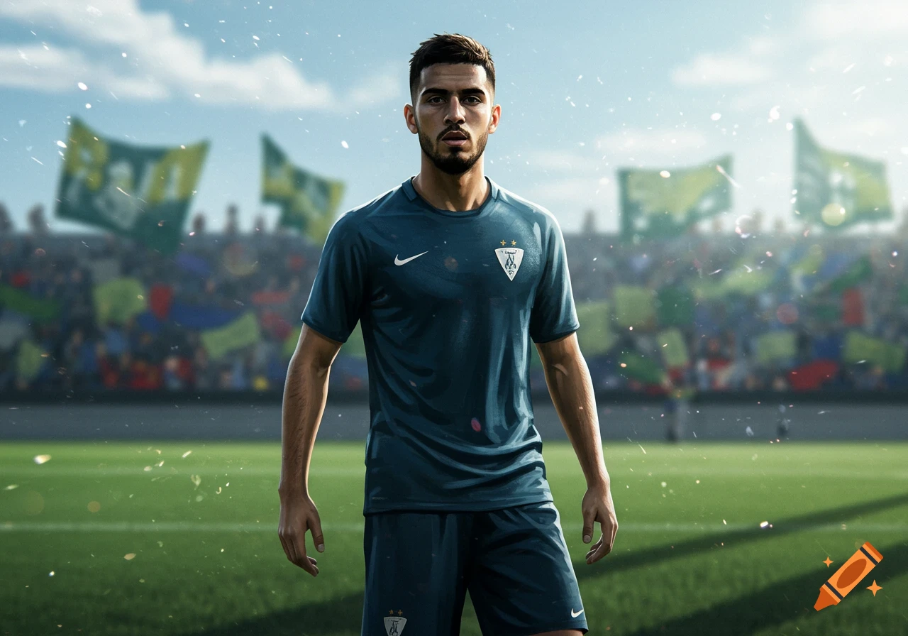 A young, fit male soccer player in a blue uniform with a Nike logo stands on a grassy field in a stadium, looking forward.