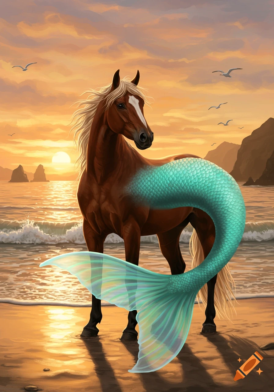 A brown horse with a mermaid tail stands on a sandy beach at sunset, with waves crashing and seagulls flying overhead.