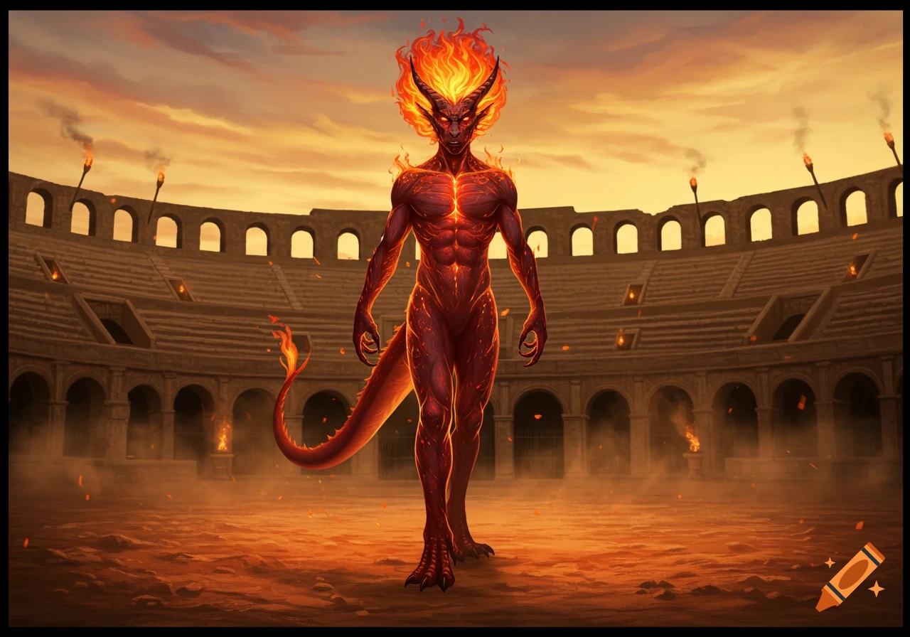 A muscular, fiery humanoid creature with horns and a tail stands in the center of a ruined coliseum at sunset, digital art.