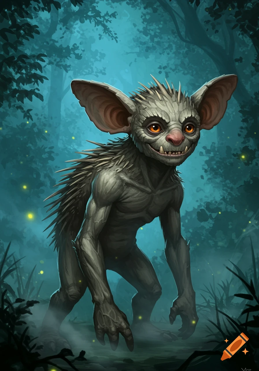 A grey-skinned, goblin-like pukwudgie with large ears, an enlarged nose, quills, and a mischievous smile stands in a dark, glowing forest.