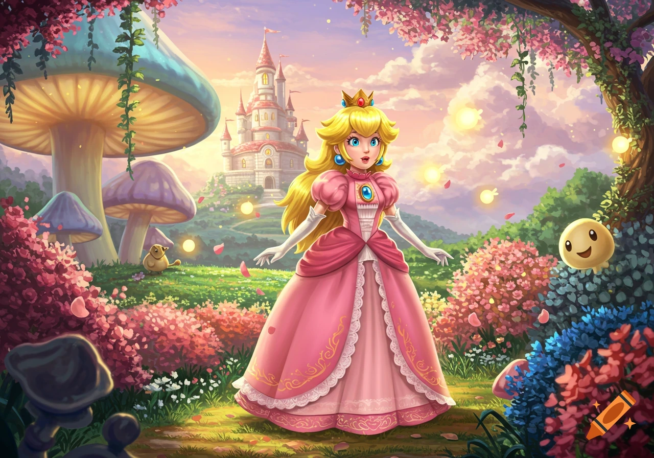Princess Peach in a pink dress and crown stands in a colorful fantasy landscape with a castle, giant mushrooms, and flowering bushes.