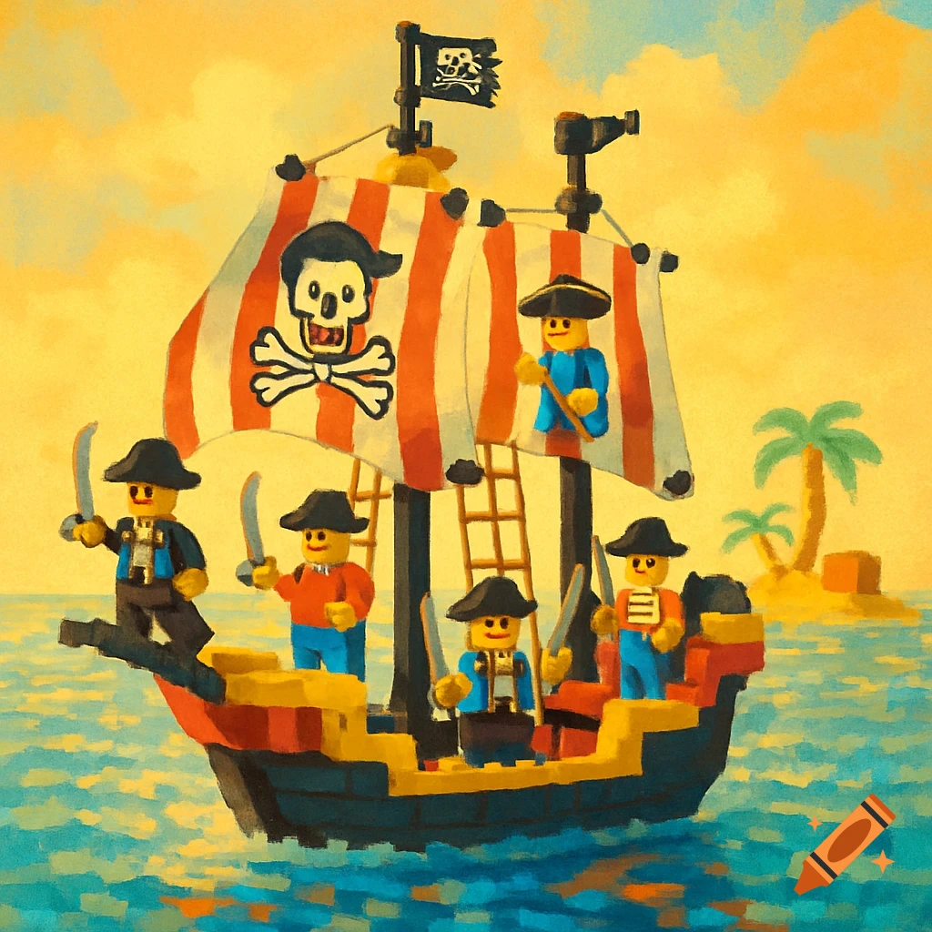 A vibrant, painted image of a Lego pirate ship with five pirate figures sailing on blue water near a small island under a yellow sky.