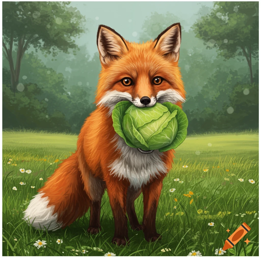 A cute cartoon fox with orange fur and white markings holds a green cabbage in its mouth, standing in a grassy field.