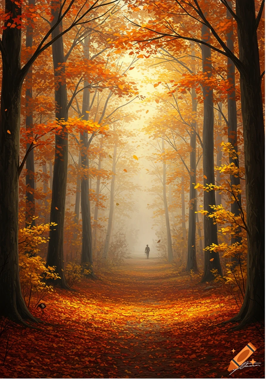 A solitary figure walks down a narrow, sun-drenched path through a dense autumn forest with vibrant orange and yellow leaves covering the trees and ground.