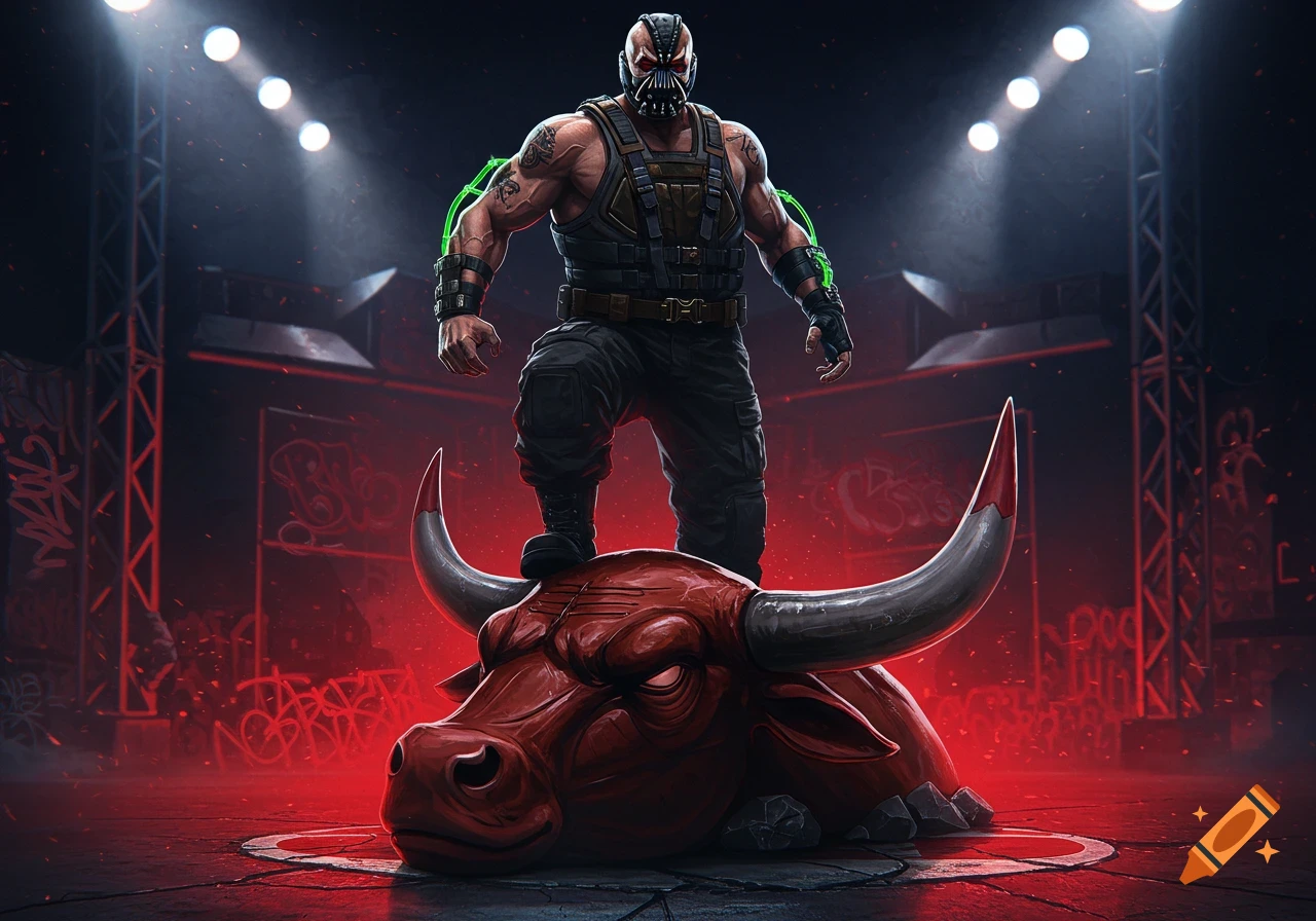 Bane, a muscular villain, stands triumphantly on a red bull's head in a dramatic, spotlight-lit arena with red glow and graffiti.