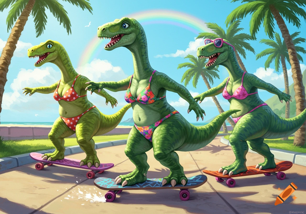 Three cheerful cartoon dinosaurs in bikinis skateboard along a sunny beach promenade with palm trees and a rainbow.