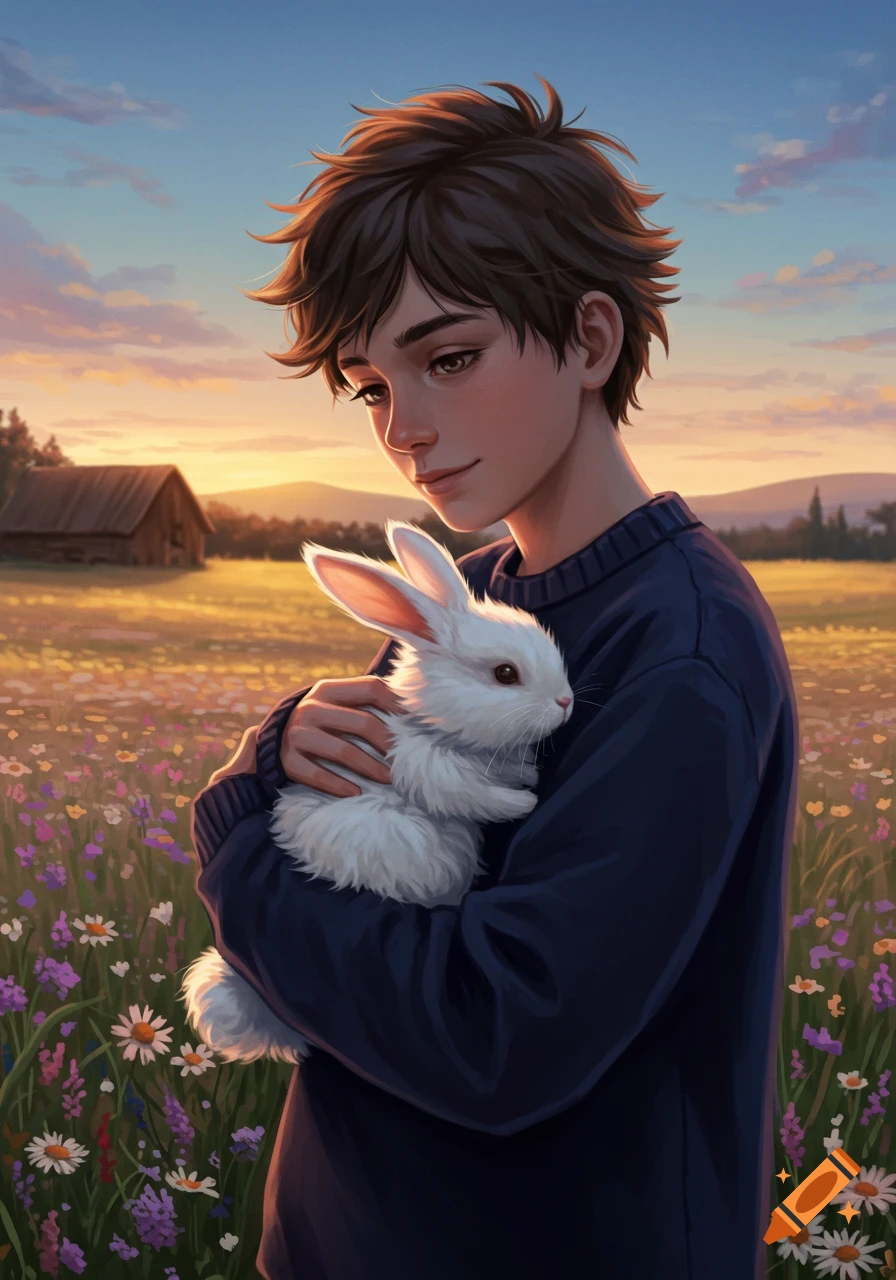 Digital painting of a teen boy gently holding a white bunny in a field of wildflowers at sunset.