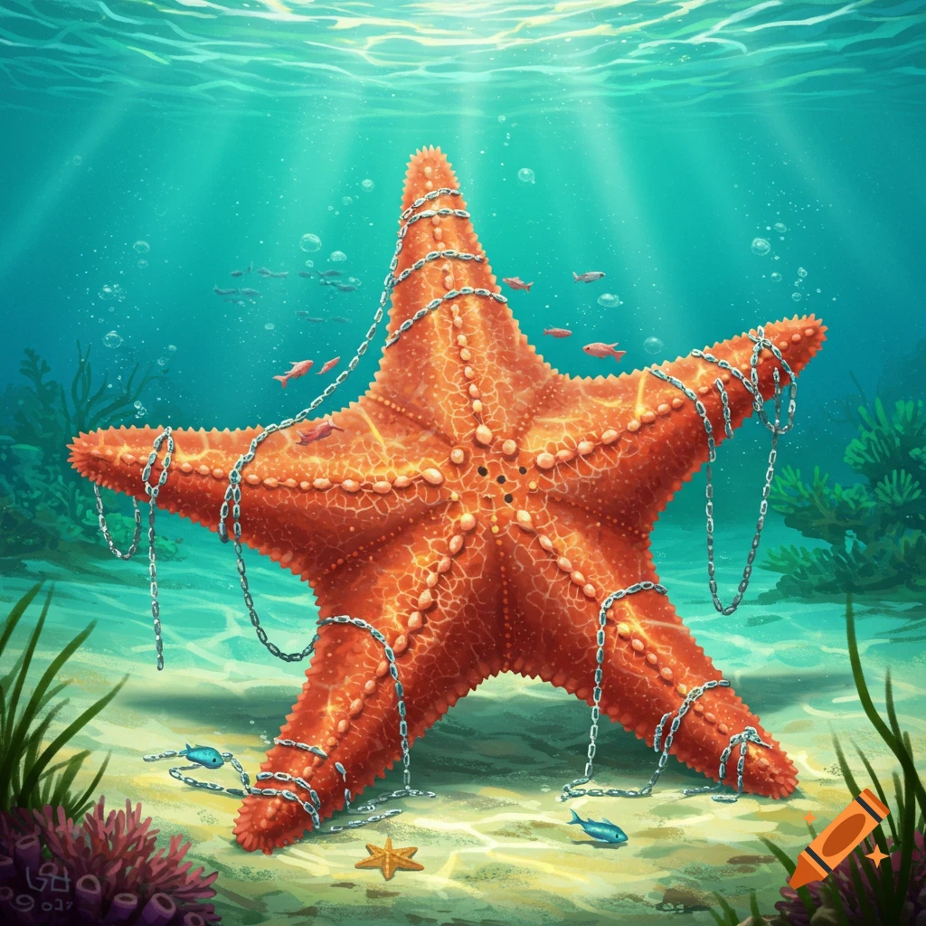A large orange starfish wrapped in chains rests on the ocean floor, surrounded by small fish and coral.