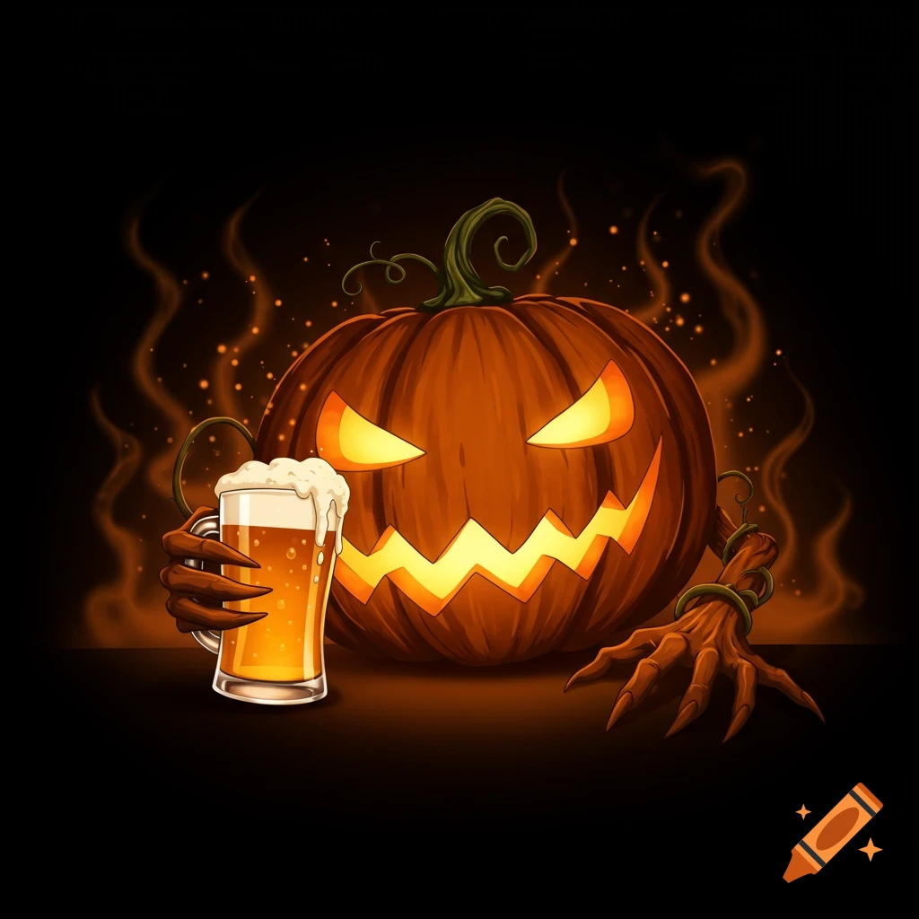 A spooky, glowing jack-o'-lantern with gnarled hands holding a glass of beer, surrounded by orange smoky tendrils on a black background.