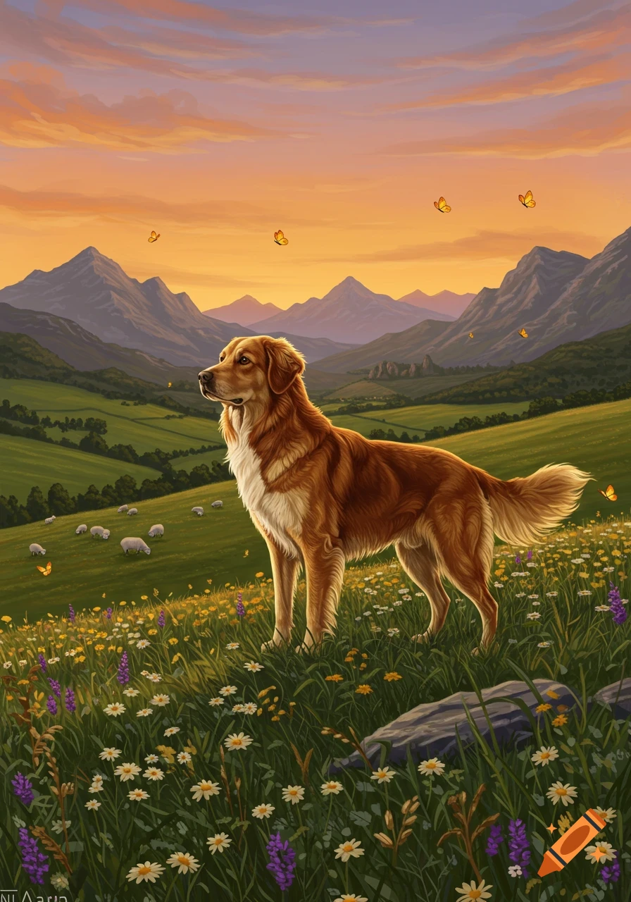 A golden retriever stands in a vibrant flower-filled meadow with grazing sheep, set against a backdrop of mountains under a sunset sky, with butterflies fluttering.