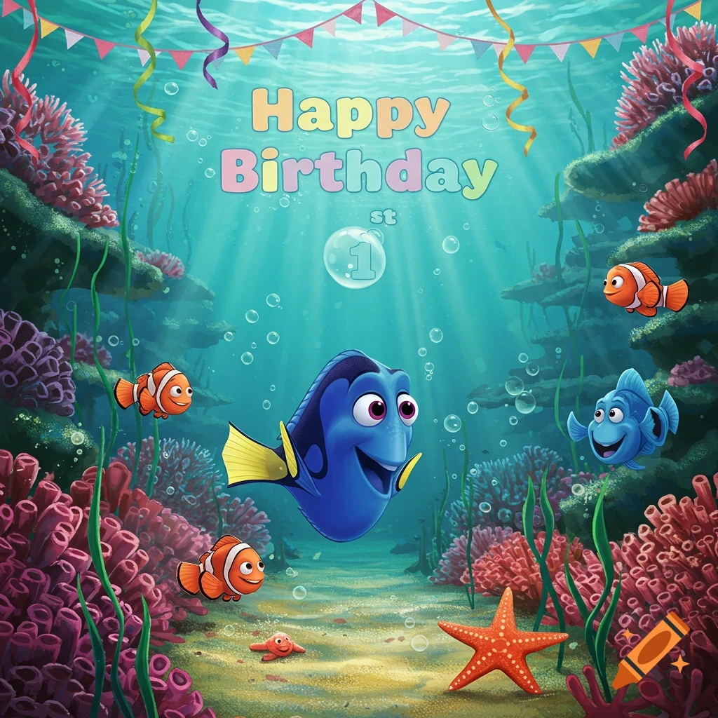 Dory, Marlin, and Nemo with other fish in an underwater birthday scene featuring coral, seaweed, and text 'Happy Birthday 1st'.