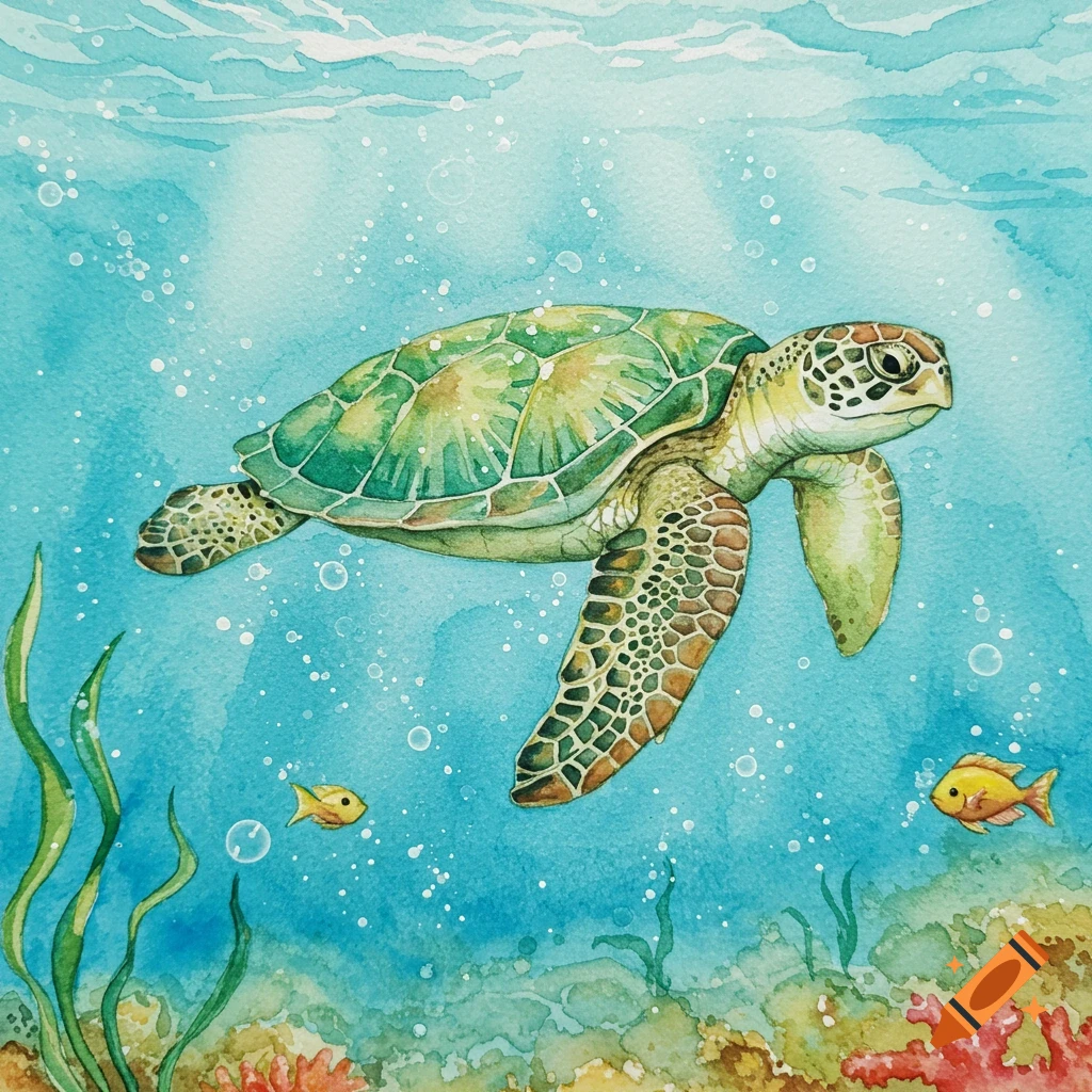A vibrant watercolor illustration of a green sea turtle swimming in blue ocean water with small fish and coral.