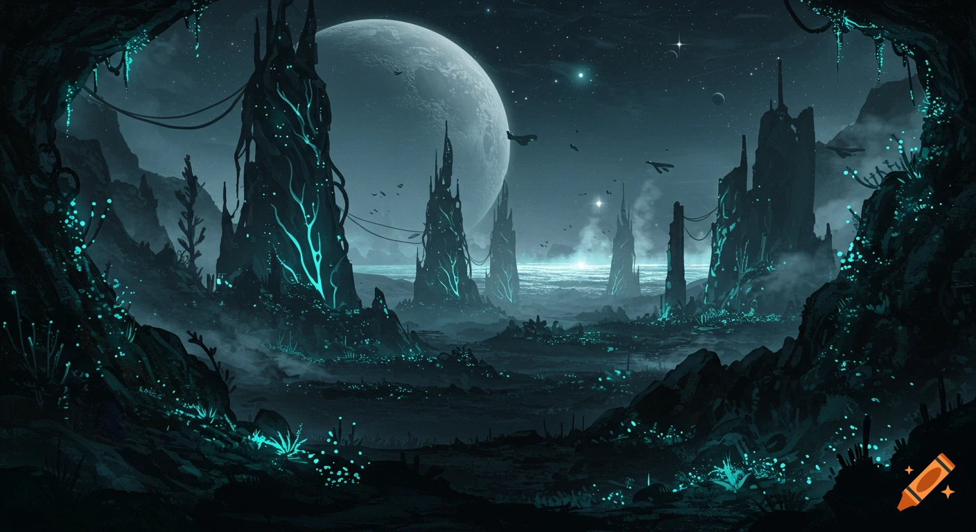 A dark, glowing alien landscape under a large moon, with tall futuristic structures and flying spacecraft in the night sky.