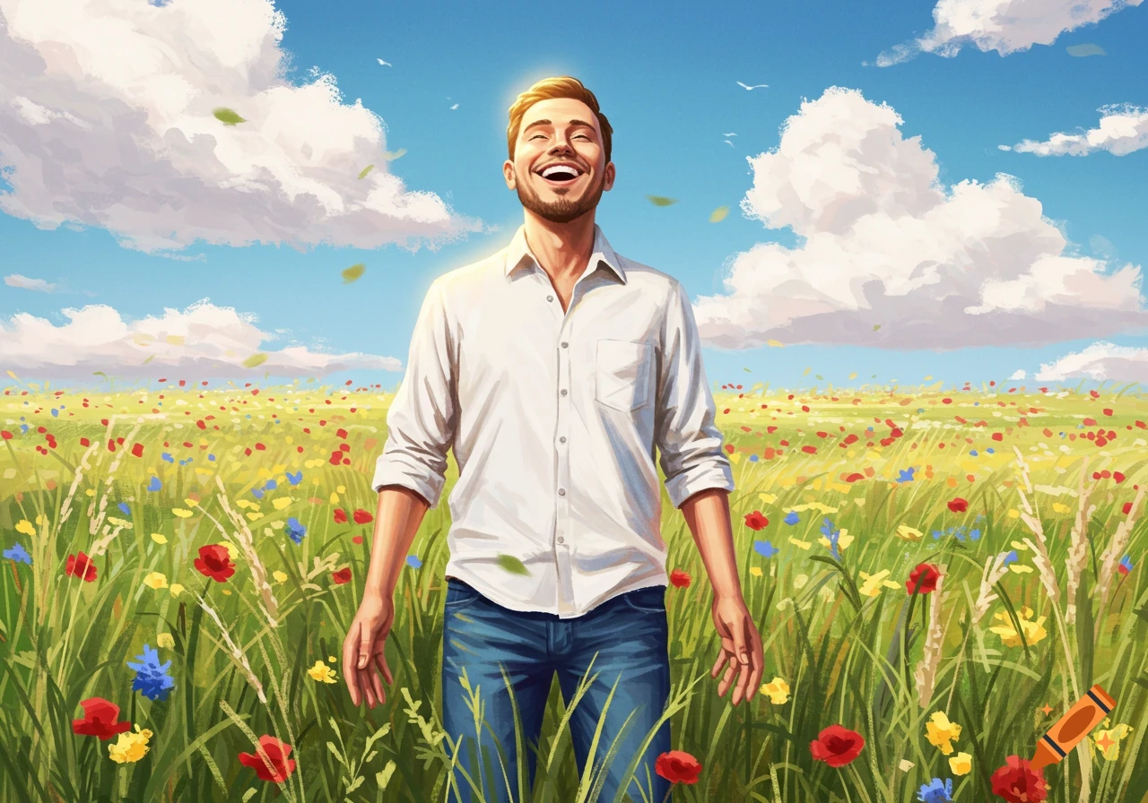 A happy, illustrated man stands smiling in a vibrant wildflower field under a blue sky with clouds and falling leaves.