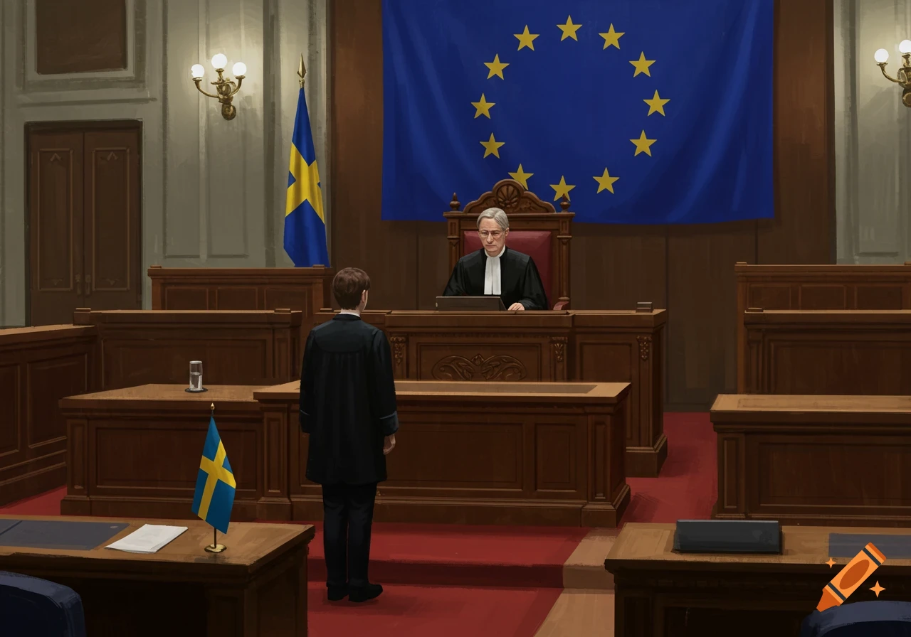 An illustration of a judge in a courtroom with a person standing before them, under a large EU flag and a smaller Swedish flag.