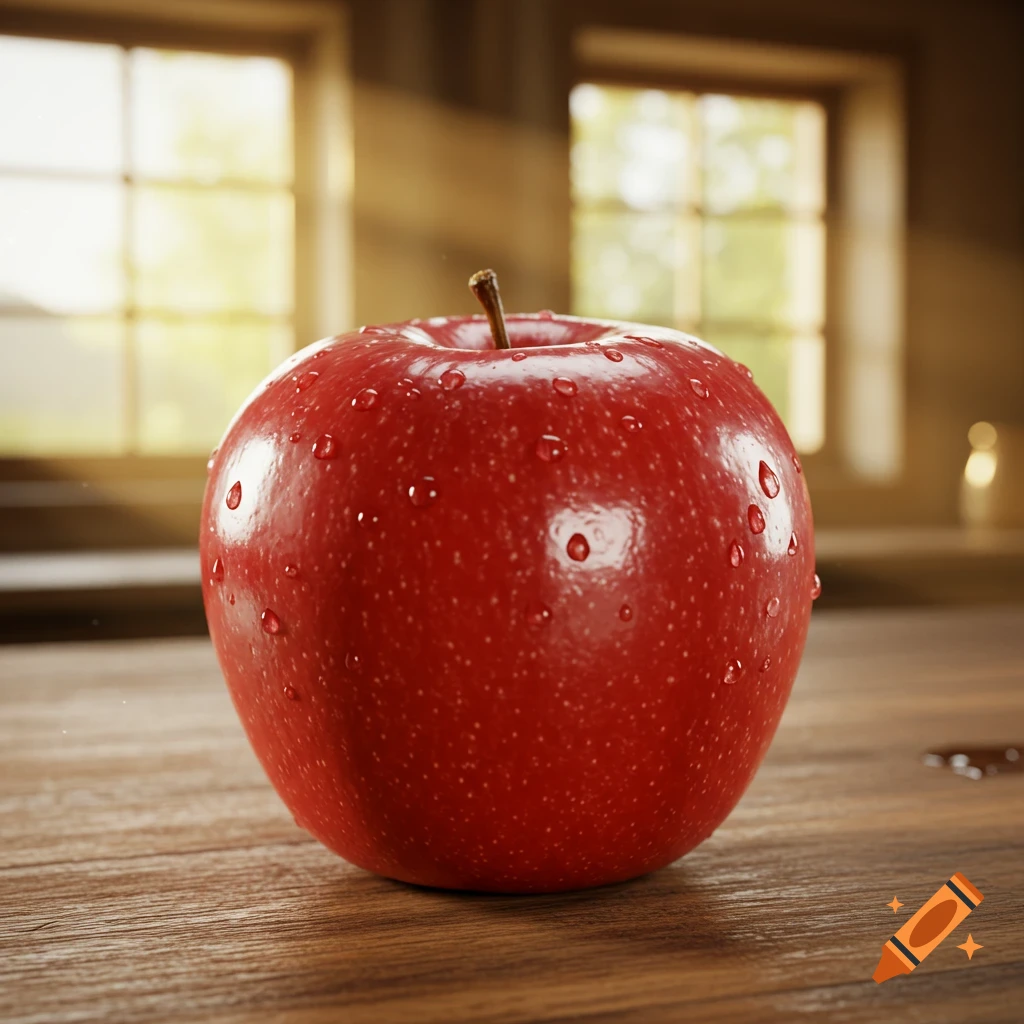 A close-up, photorealistic image of a red apple with water droplets on a wooden table, with sunlit windows in the background.
